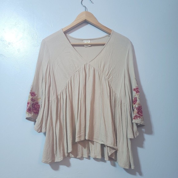 By Together V-Neck Embroidered Floral Sleeve Babydoll Tee Shirt Women's S Small - Picture 1 of 6